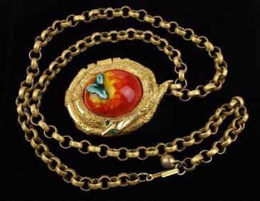 Mint 1960s Enameled Rhinestone Snake Apple Necklace 22" Eden
