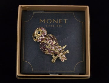 New Boxed Monet Rhinestone Owl Brooch $26