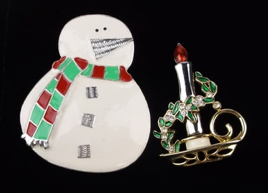 2 Stunning Vint Enameled Rhinestone Christmas Brooch Lot