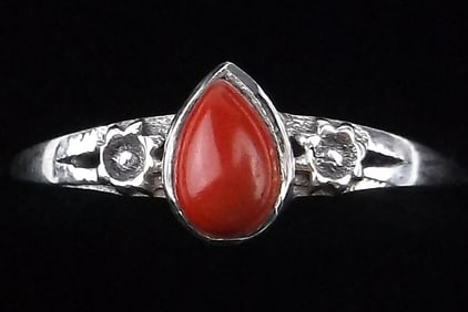 New Sterling Silver Red Coral Flower Ring 6.5