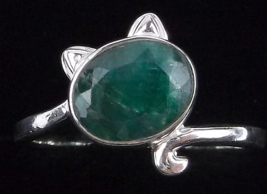 New Sterling Silver 1ct Emerald Cat Ring 8