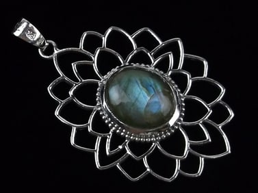 New Sterling Silver Labradorite Blooming Lotus Pendant