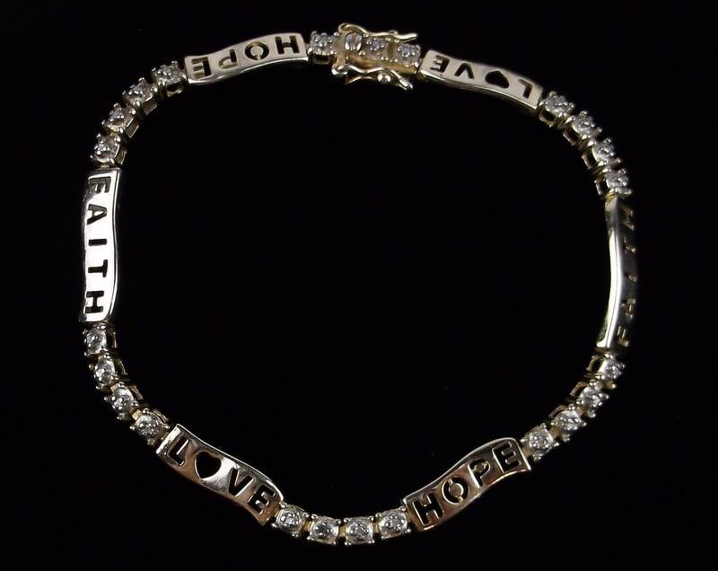 Gorgeous Gold Over Sterling Diamond Tennis Bracelet 7.5" Love Faith: Guaranteed Solid 925 Sterling Silver, in Excellent Condition