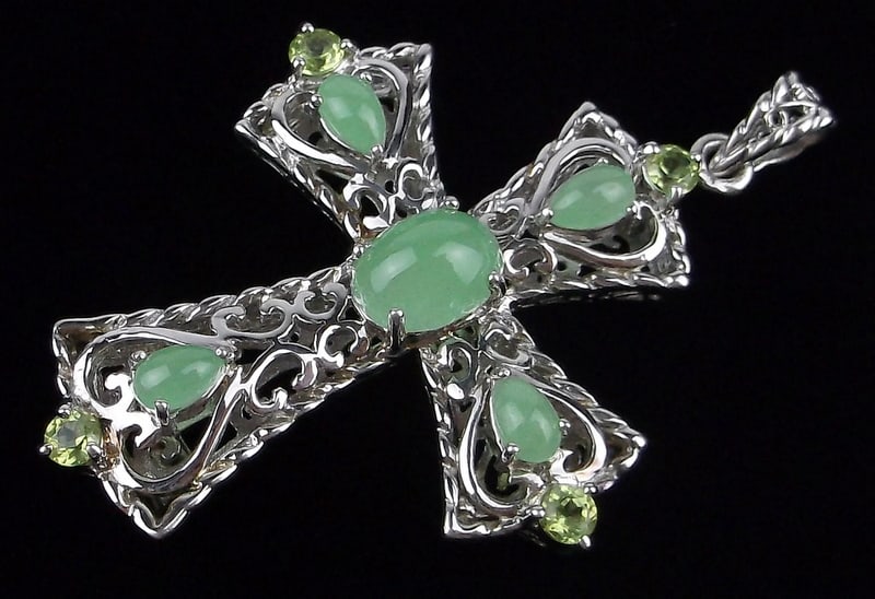 New Designer Sterling Silver Jade Peridot Cross Pendant: Solid Sterling Silver Guaranteed, in Brand New Never Worn Condition.