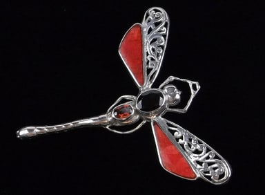 Mint Vint Sterling Silver Red Coral Dragonfly Brooch Pendant Garnet
