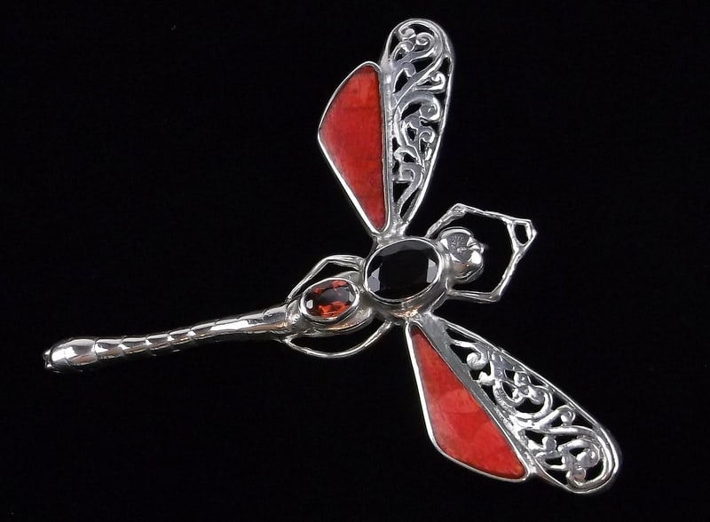 Mint Vint Sterling Silver Red Coral Dragonfly Brooch Pendant Garnet: Guaranteed Solid 925 Sterling Silver, in Excellent Condition