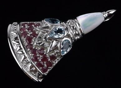 New Thick Designer Sterling Silver Ruby Topaz Bell Pendant