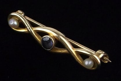 Mint Antique 1930s 14kt Gold Blue Spinel Pearl Brooch 1.11g