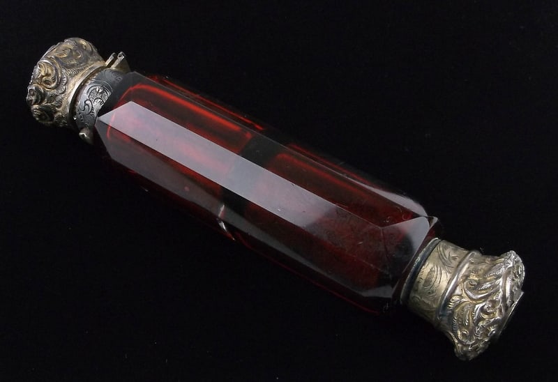 RARE 1877 Ruby Red Crystal Perfume 10kt Gold Sterling Arts Crafts (1 of 9)