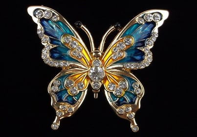 Mint Enameled Rhinestone Butterfly Brooch