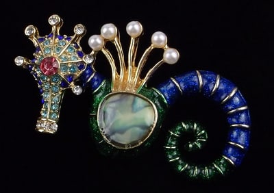 Mint Enameled Rhinestone Seahorse Brooch Life Size