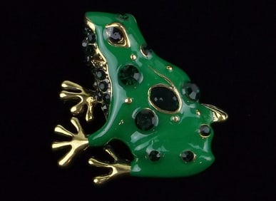 Mint Enameled Rhinestone Frog Brooch