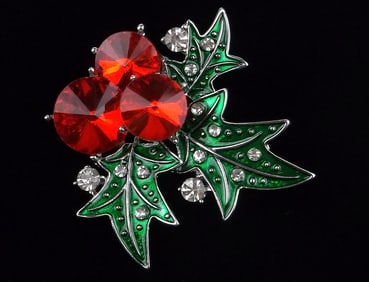 Mint Enameled Rhinestone Christmas Holly Brooch