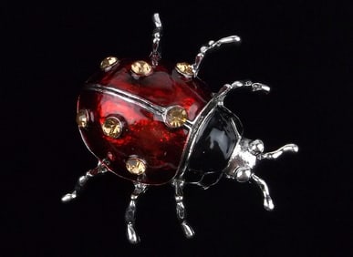 Mint Big Enameled Rhinestone Ladybug Insect Brooch
