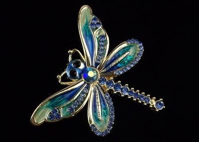 Mint Enameled Rhinestone Dragonfly Brooch