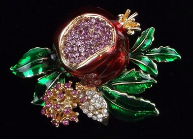 Mint Enameled Rhinestone Pomegranate Fruit Brooch