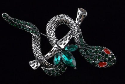 Mint Enameled Rhinestone Jungle Snake Brooch On Tree