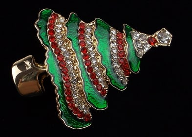 Mint Enameled Rhinestone Christmas Tree Brooch