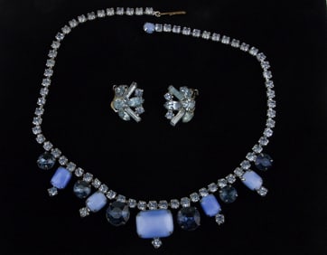 Stunning Vint 1950s Rhinestone Necklace Earrings Set 16"