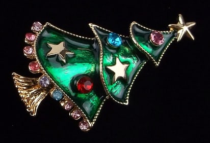 Mint Enameled Rhinestone Christmas Tree Brooch