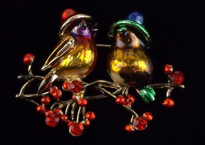 Mint Enameled Rhinestone Bird Brooch