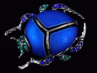 Mint Enameled Rhinestone Egyptian Scarab Beetle Brooch
