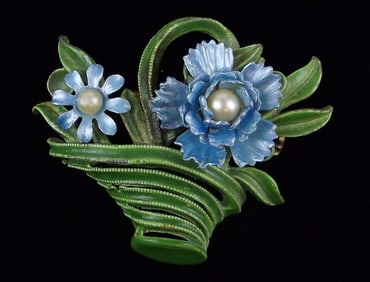 Stunning Vintage 1950s Enameled Flower Basket Brooch