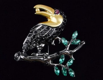 Mint Enameled Rhinestone Parrot On Branch Brooch