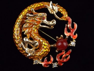 Mint Enameled Jelly Belly Rhinestone Golden Dragon Brooch