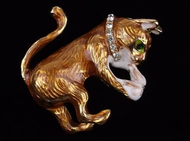 Mint Enameled Rhinestone Cat Brooch