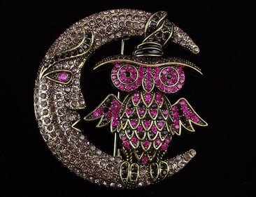 Mint Enameled Rhinestone Owl On Moon Brooch