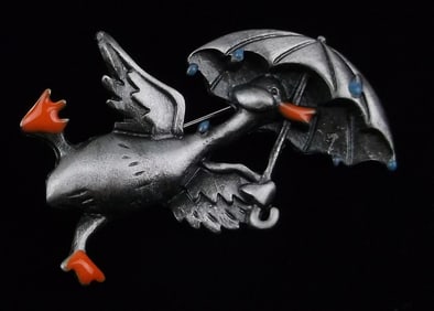 Mint Enameled Duck In The Rain Brooch