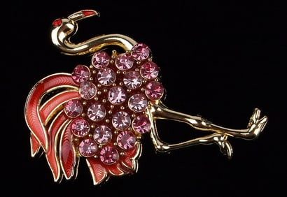 Mint Enameled Rhinestone Flamingo Bird Brooch