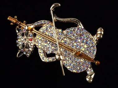Mint Enameled Rhinestone Cat Playing Cello Brooch