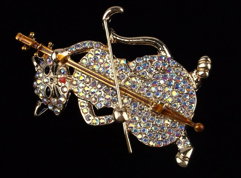 Mint Enameled Rhinestone Cat Playing Cello Brooch: Mint Condition, In Like New Condition, Perfect