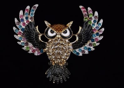 Mint Enameled Rhinestone Owl Brooch