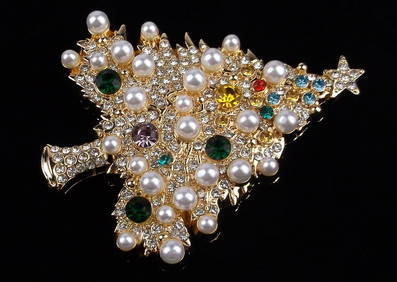 Mint Enameled Rhinestone Christmas Tree Brooch (1 of 2)