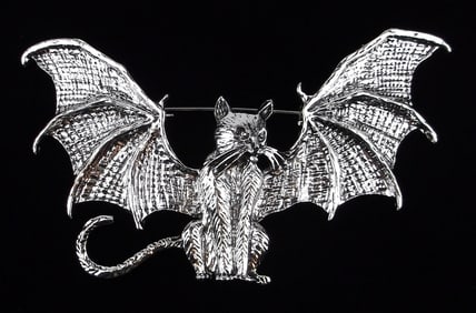 Big Mint Enameled Bat Cat Brooch