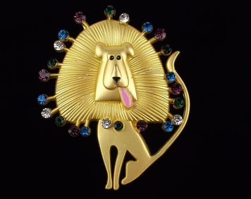Mint Enameled Rhinestone Lion Brooch