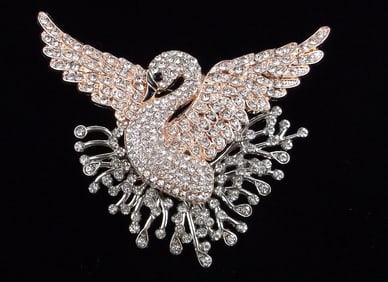 Mint Enameled Rhinestone Swan Brooch