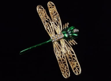 Mint Enameled Rhinestone Dragonfly Brooch