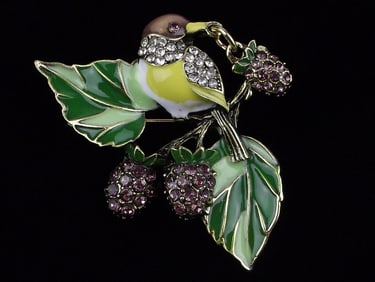 Mint Enameled Rhinestone Bird On Berry Bush Brooch