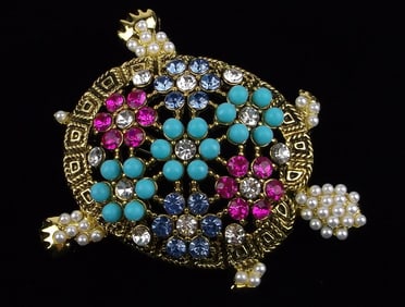 Big Mint Enameled Rhinestone Turtle Brooch