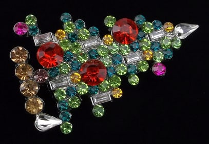 Mint Enameled Rhinestone Christmas Tree Brooch
