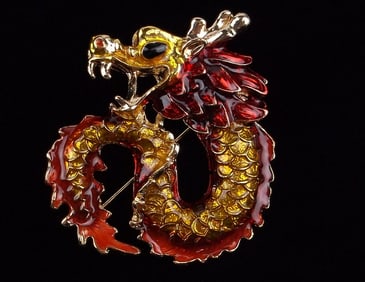Mint Enameled Golden Dragon Brooch