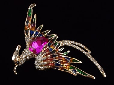 Mint Enameled Rhinestone Bird Of Paradise Brooch