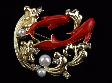 Mint Enameled Rhinestone Dolphin Brooch