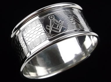 Mint Antique English Signed Sterling Silver Napkin Ring Masonic