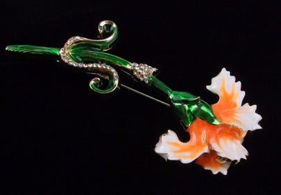 Big Mint Enameled Rhinestone Flower Brooch