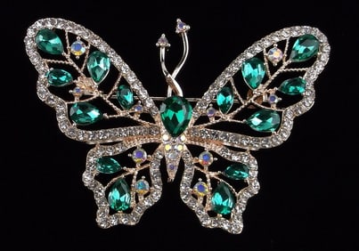 Mint Enameled Rhinestone Butterfly Brooch